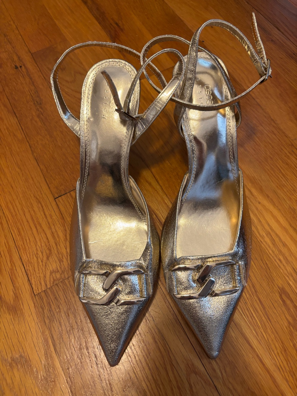 ASOS Design Gold Pointed-Toe Slingback Heels with Chain Accent
